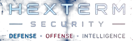 HEXTERM SECURITY — DEFENSE en bleu, OFFENSE en rouge, INTELLIGENCE en gris clair
